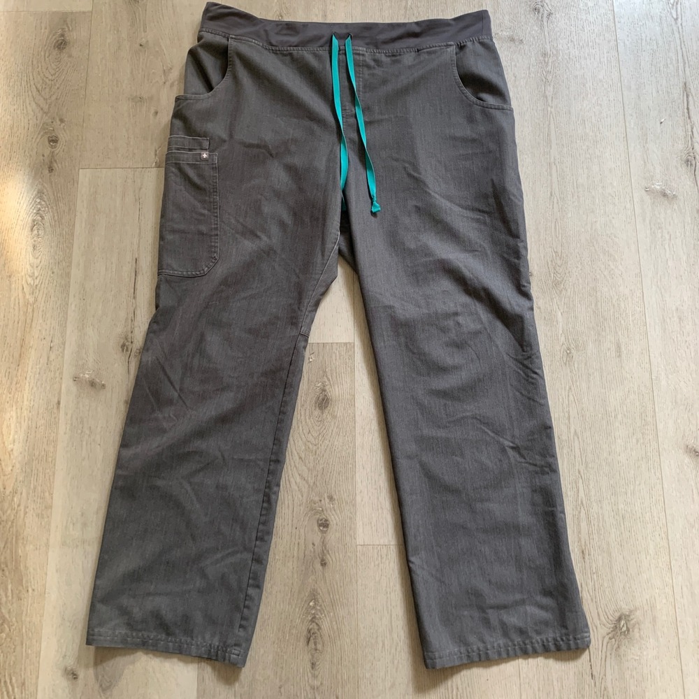 FIGS Yola Cargo Scrub Pants Womens XL Gray Heather Teal Drawstring Straight Leg